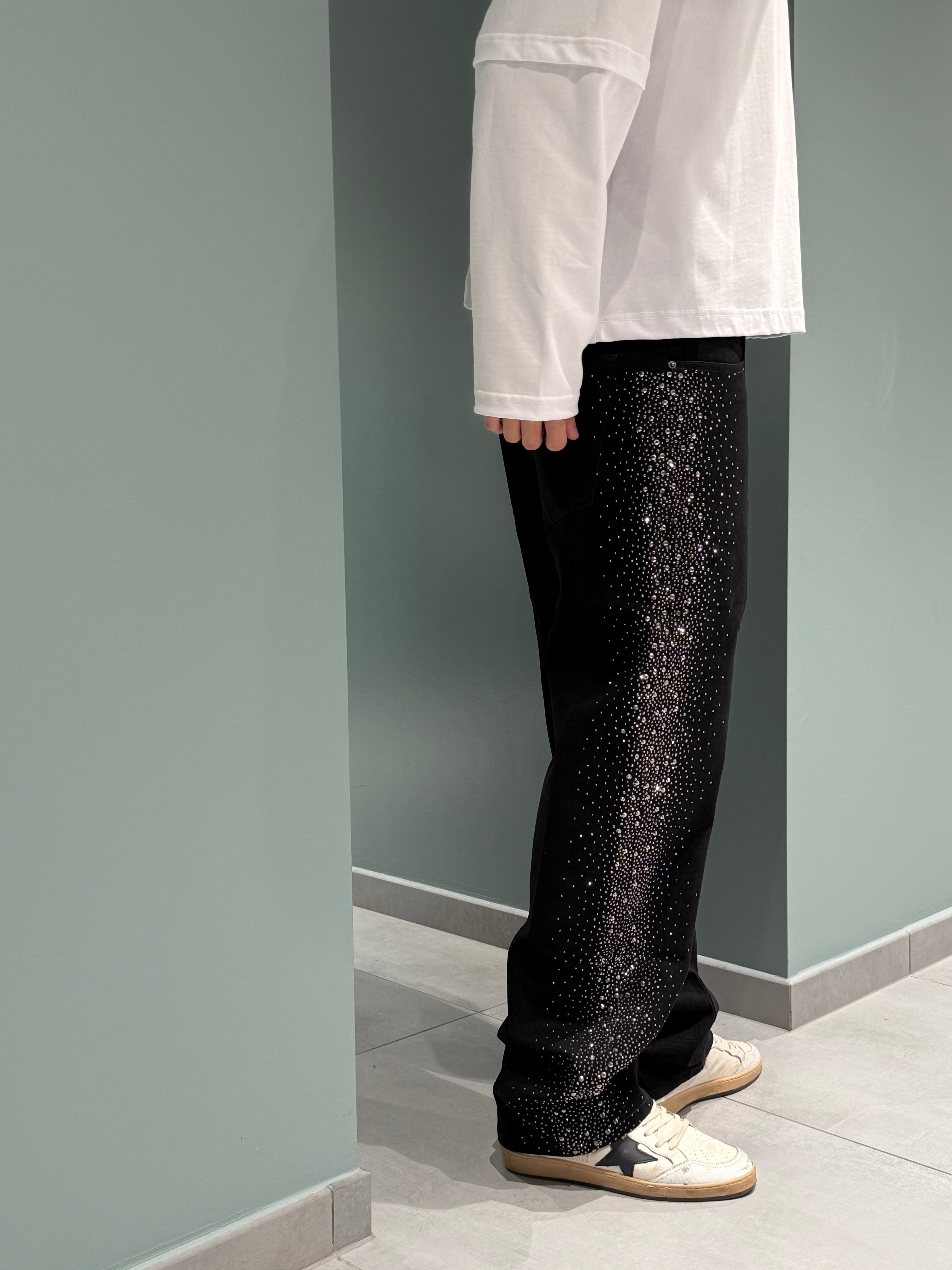 jeans casccata laterale strass
