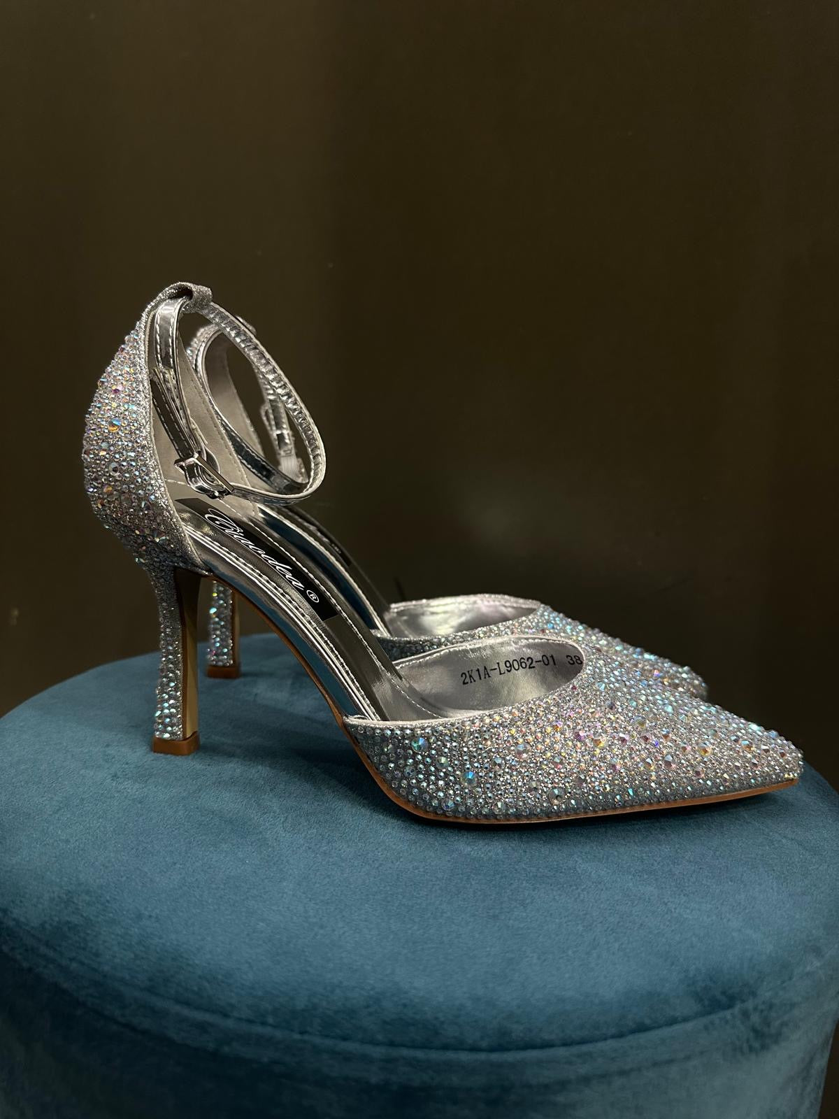 tacco con cinturino total strass argento