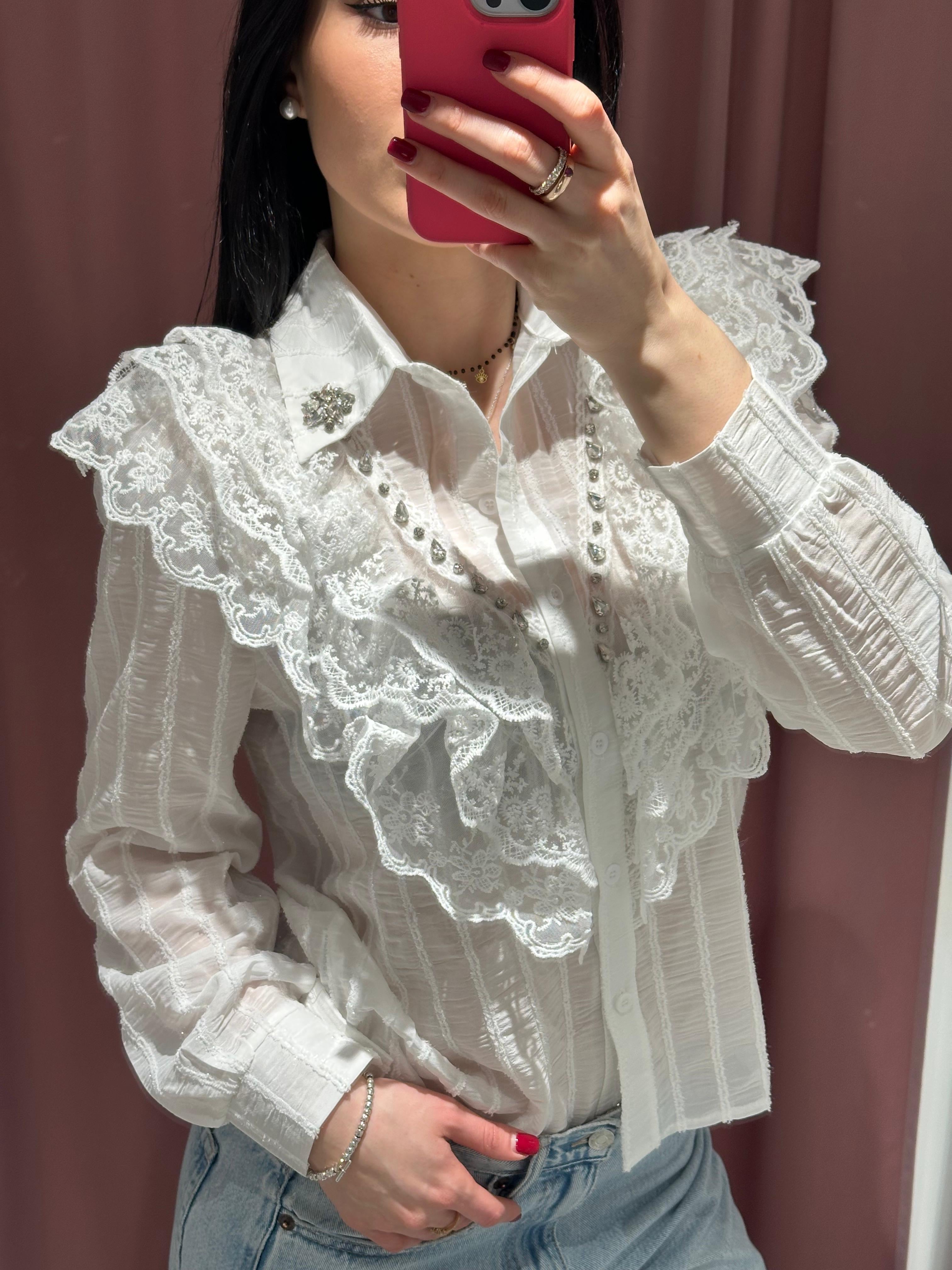 camicia bianca strass e pizzo
