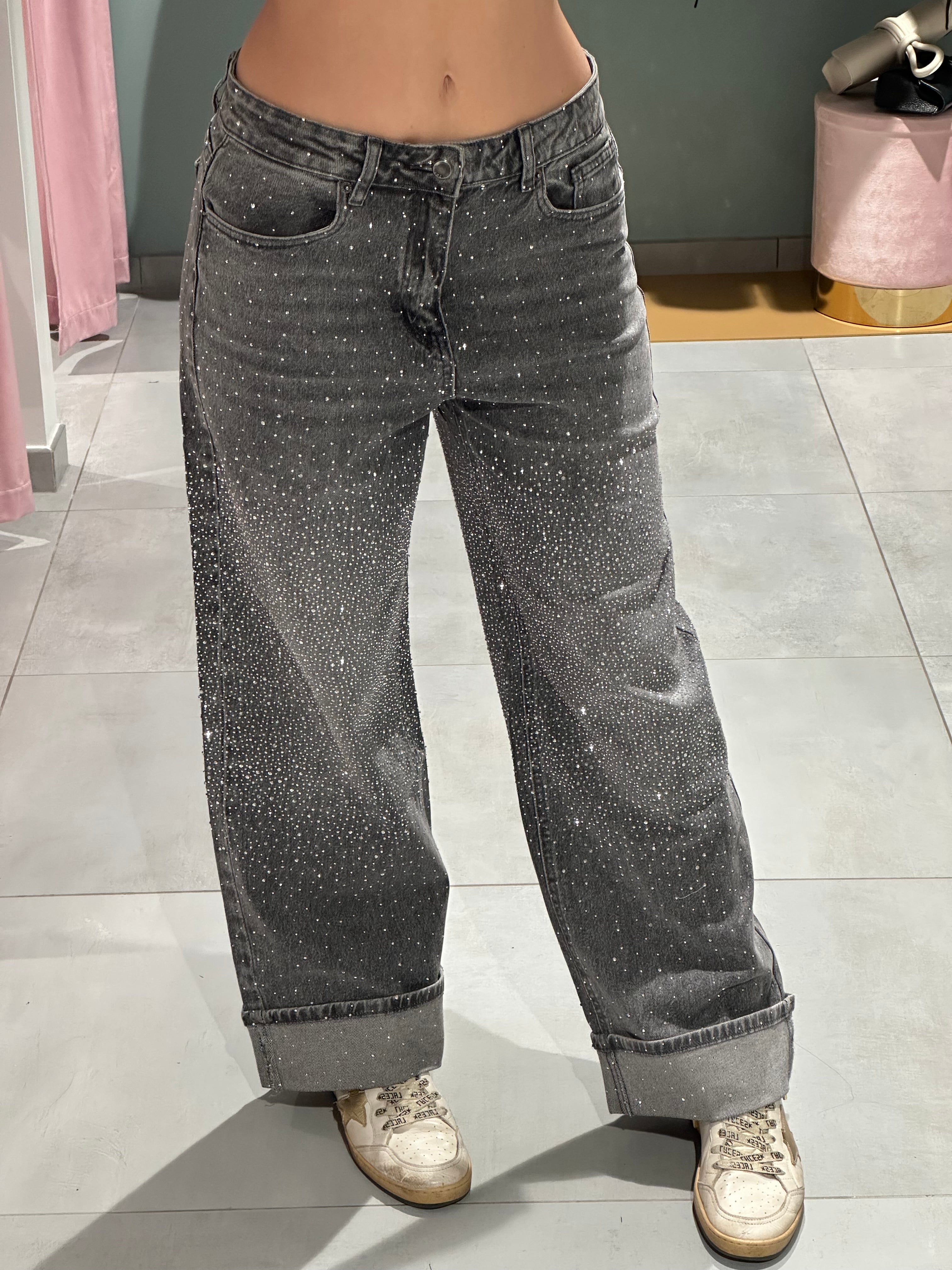 jeans strass e risvolto cenere