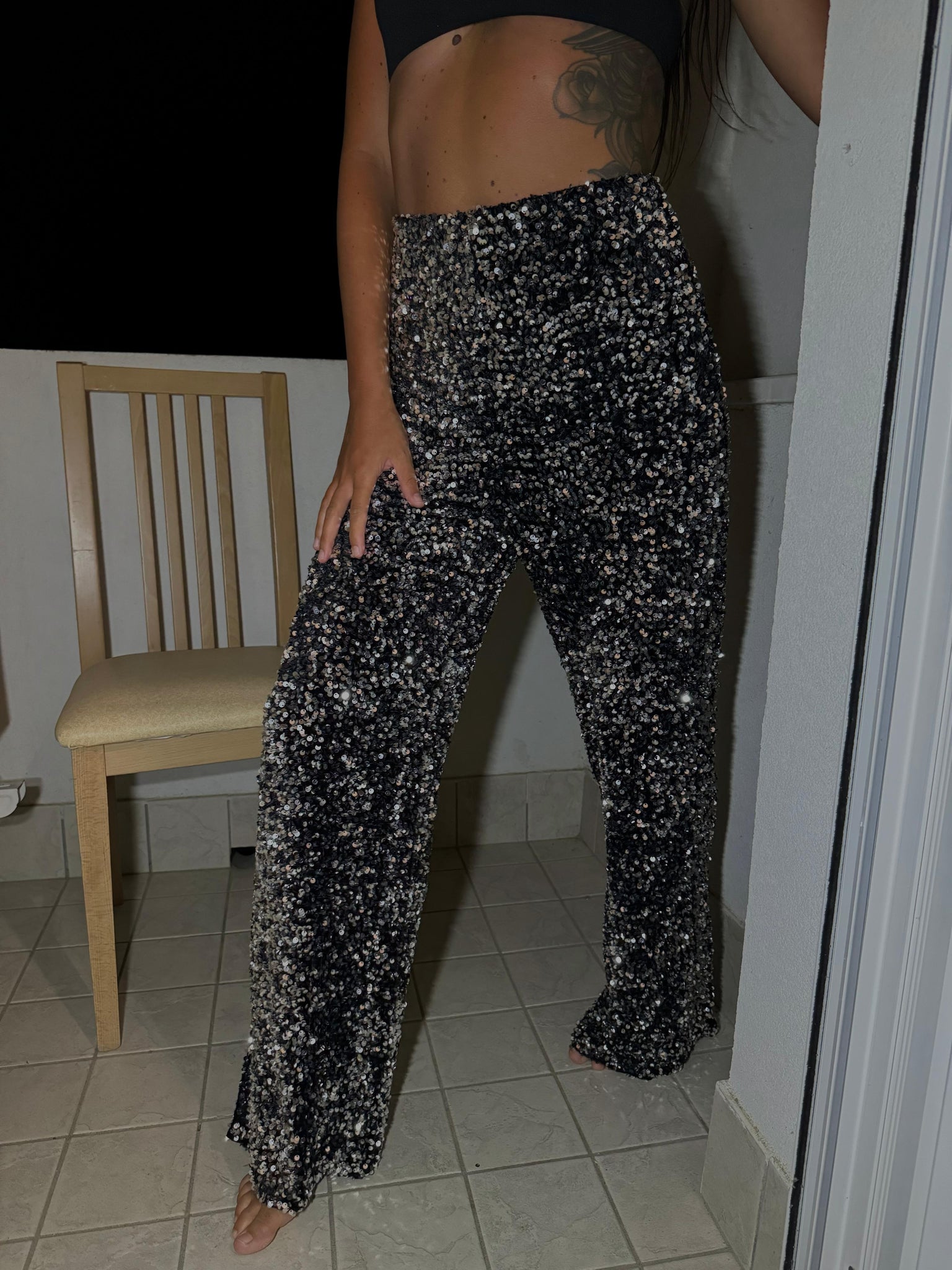 pantaloni paillettes argento