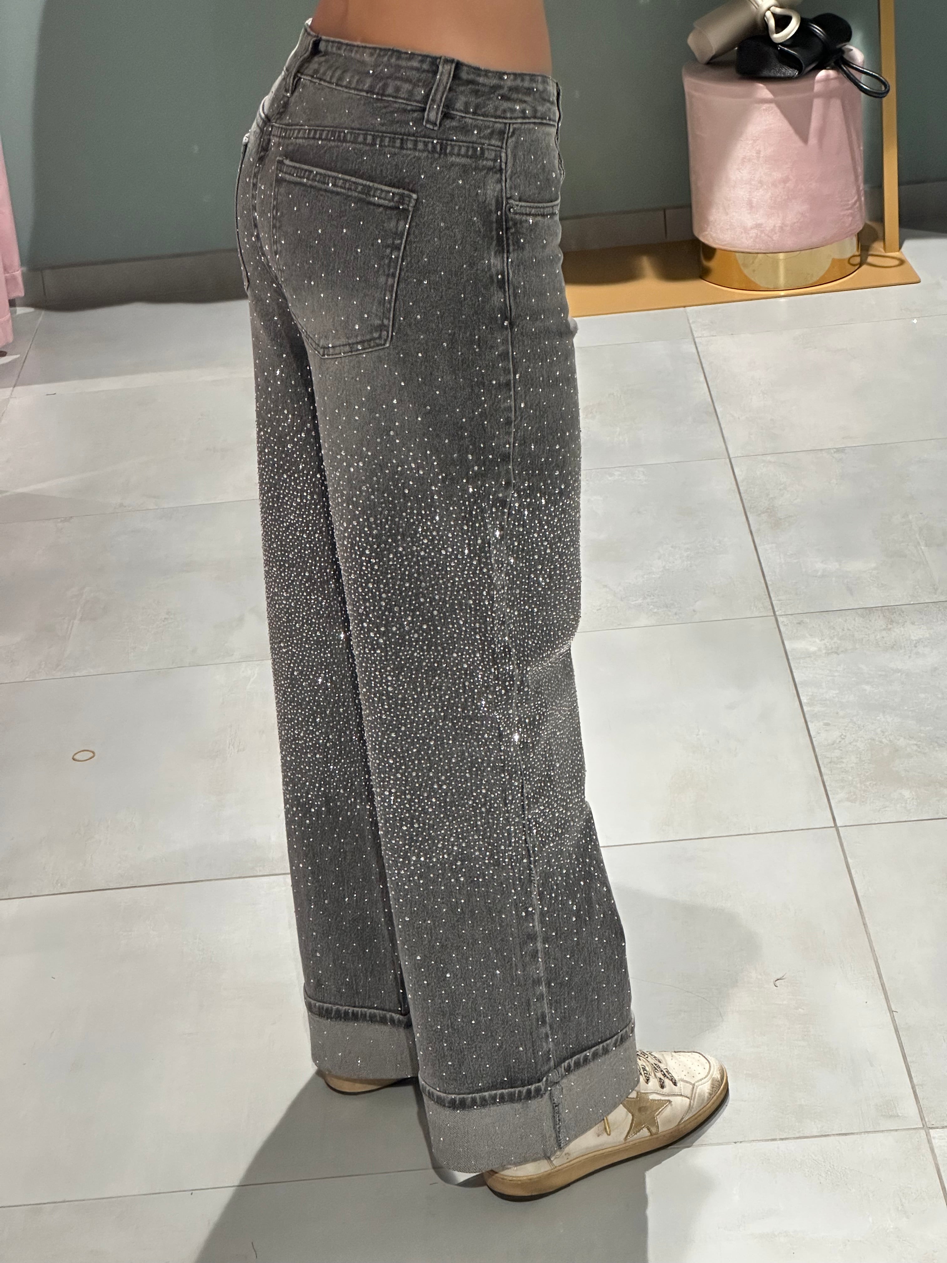 jeans strass e risvolto cenere
