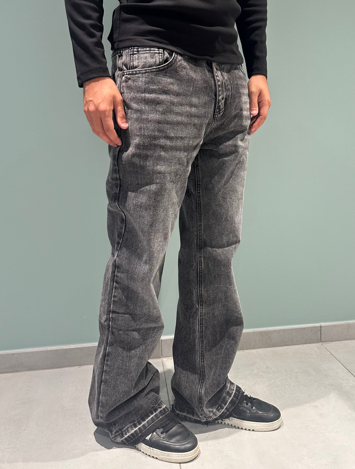 jeans flare over gray