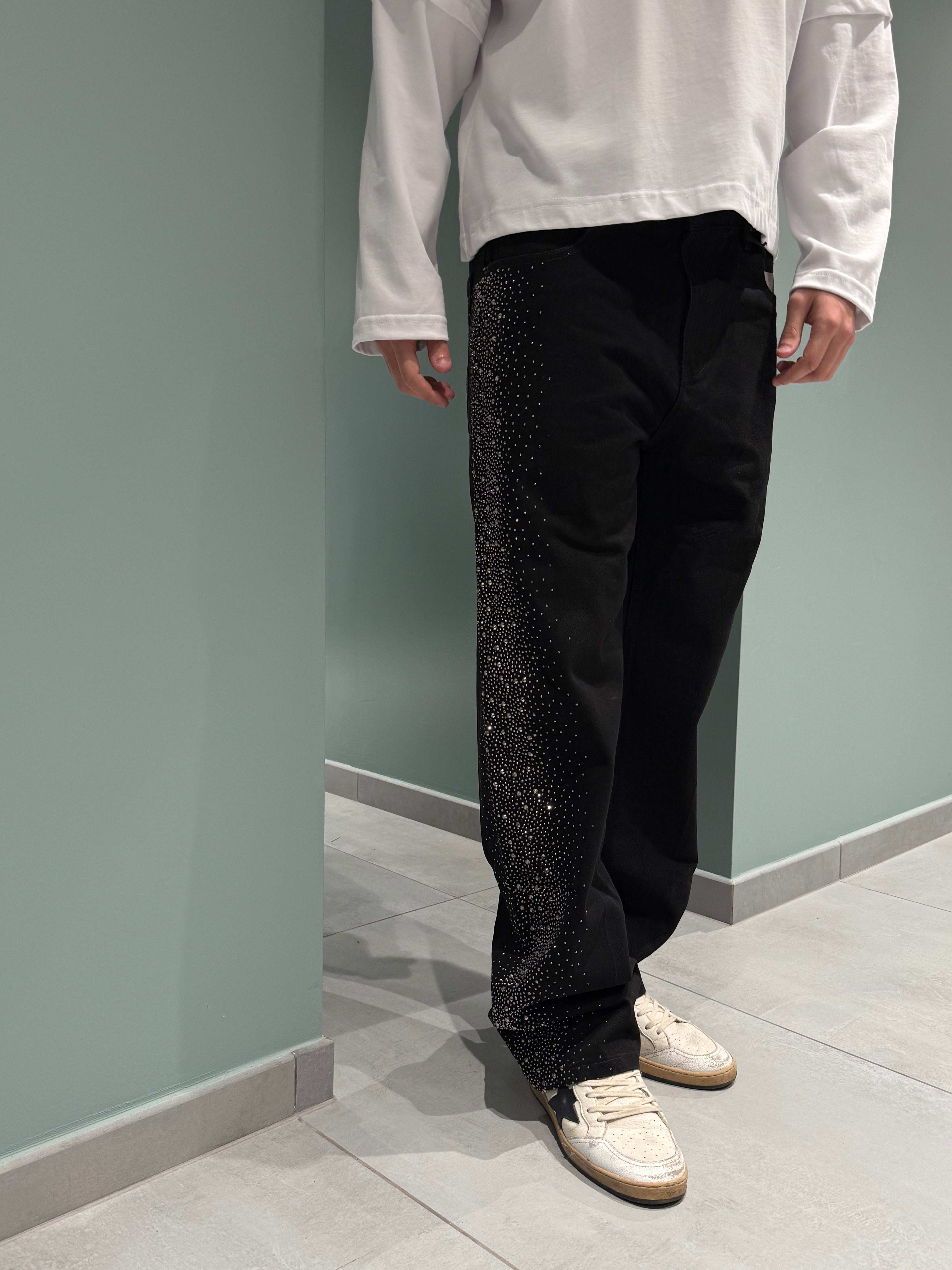 jeans casccata laterale strass