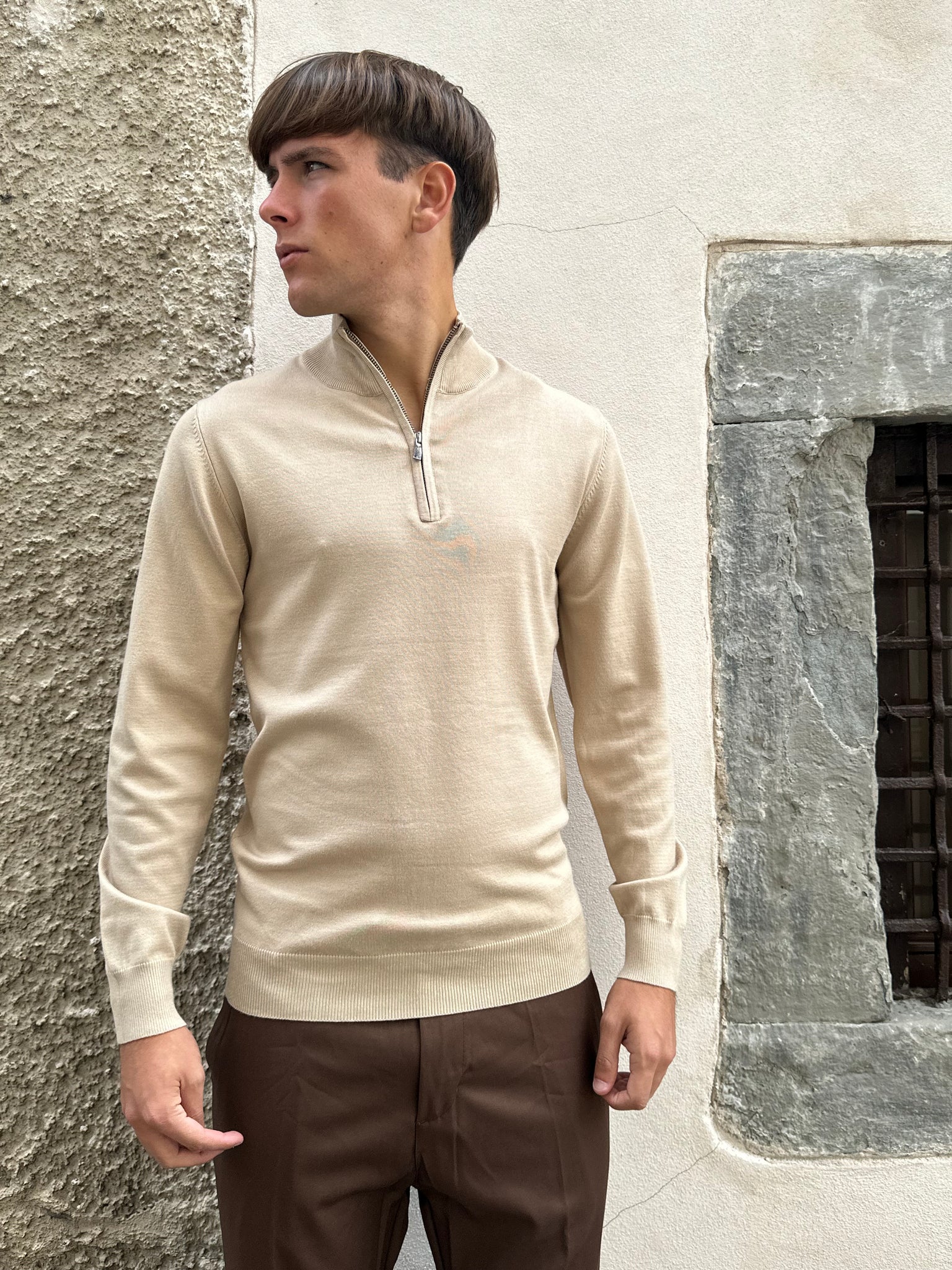 maglione zip camel