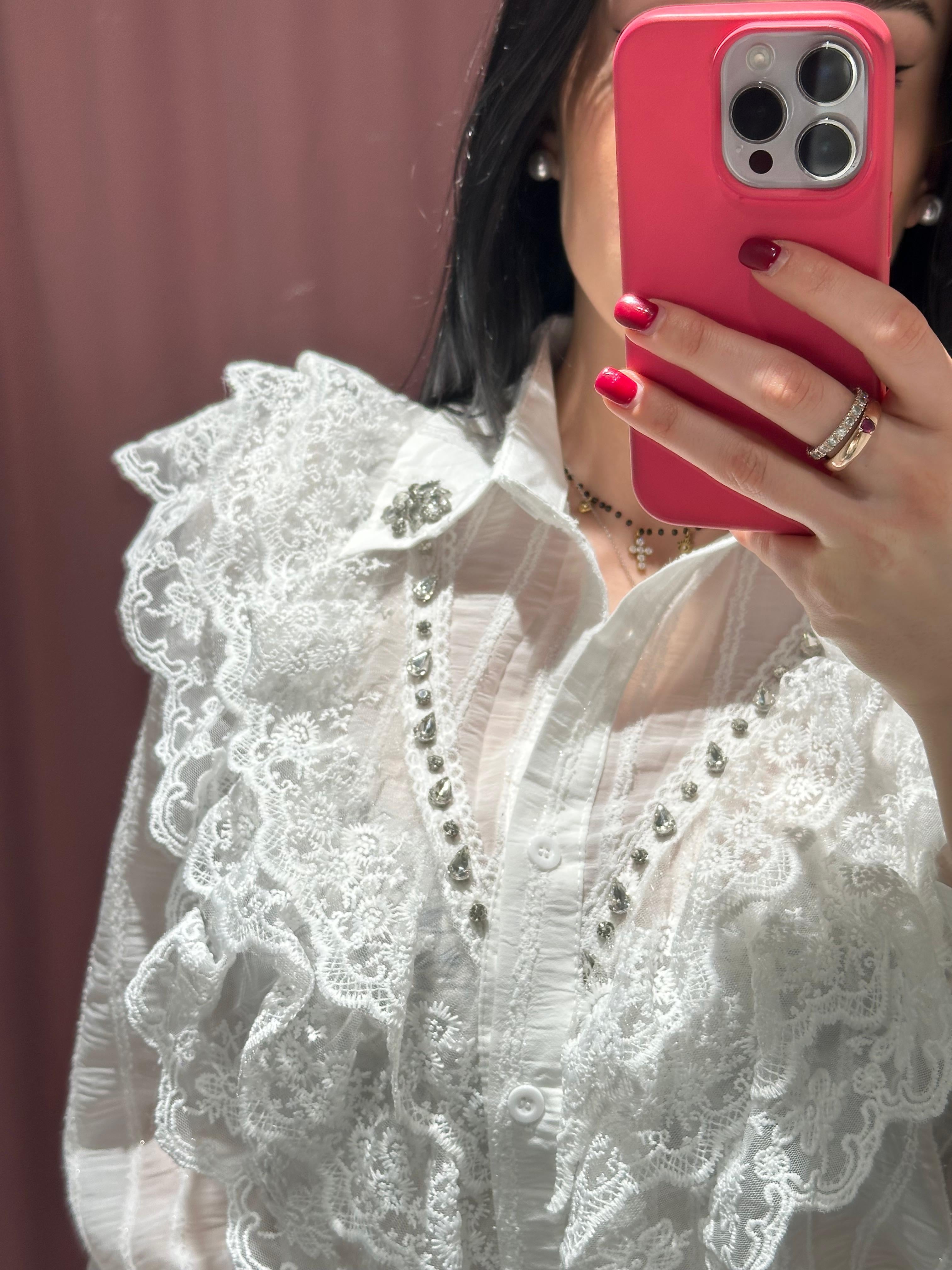 camicia bianca strass e pizzo